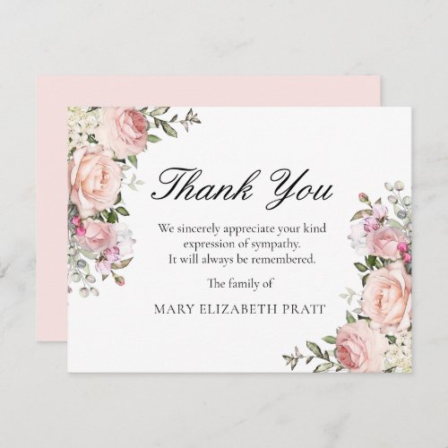 Rustic Pink Rose Floral Funeral Thank You Card