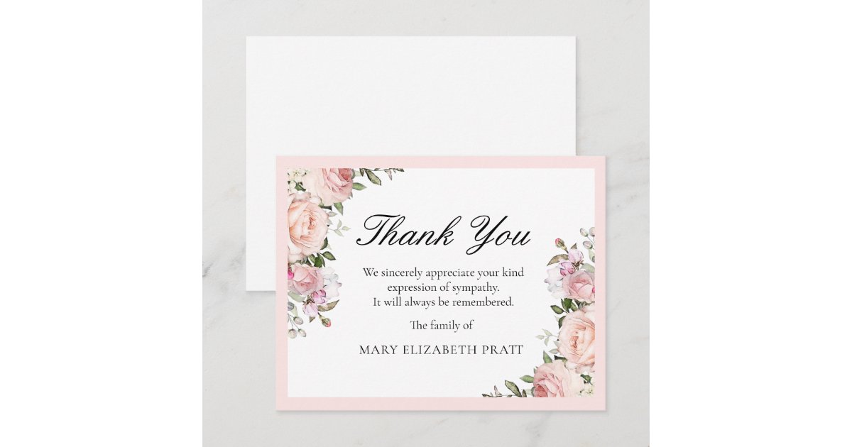 Rustic Pink Rose Floral Funeral Thank You Card | Zazzle