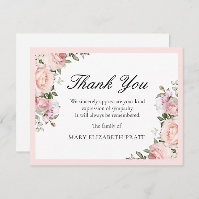 Rustic Pink Rose Floral Funeral Thank You Card (Front/Back)