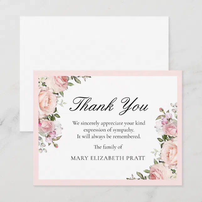 Rustic Pink Rose Floral Funeral Thank You Card | Zazzle