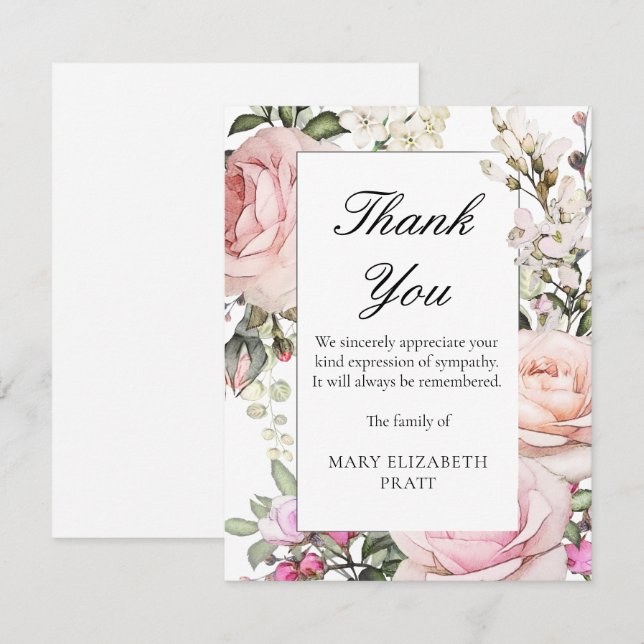 Rustic Pink Rose Floral Funeral Thank You Card (Front/Back)