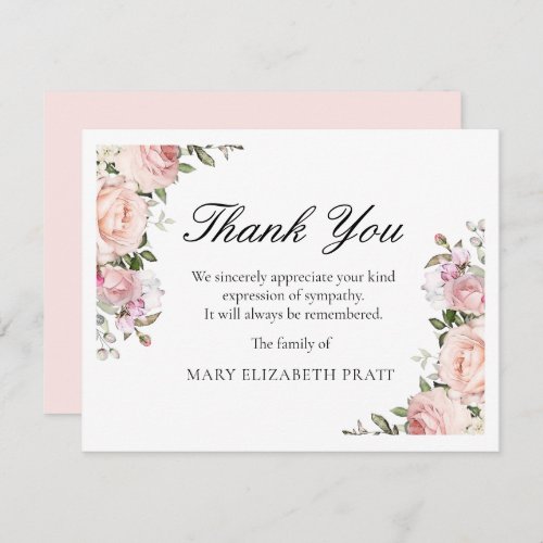 Rustic Pink Rose Floral Funeral Thank You Card