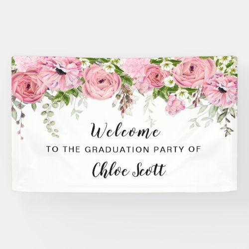 Rustic Pink Rose Floral Graduation Party Welcome Banner