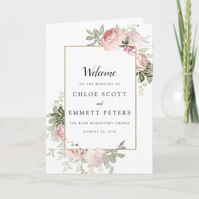 Rustic Pink Rose Floral Wedding Booklet Program (Front)