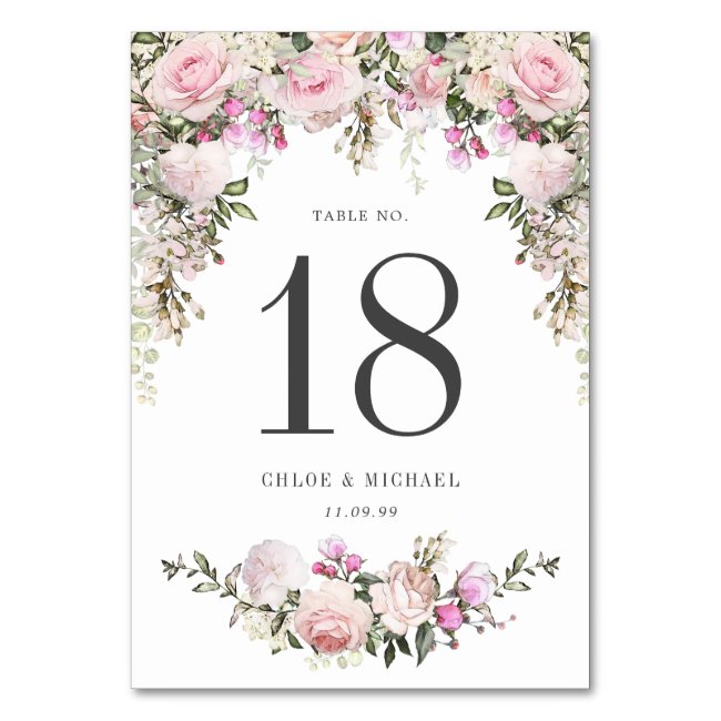 Rustic Pink Rose Floral Wedding Table Number