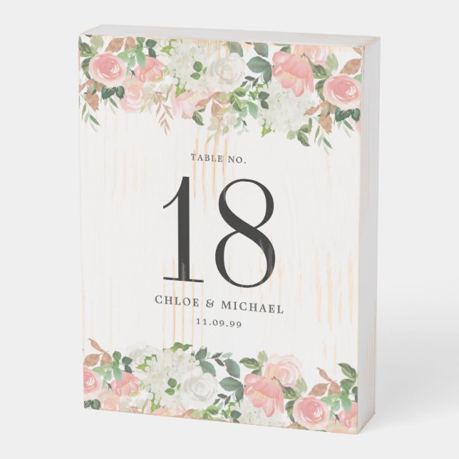 Rustic Pink Rose Floral Wedding Table Number Woode Wooden Box Sign (Angled Vertical)