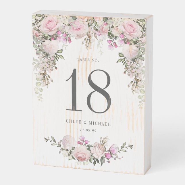 Rustic Pink Rose Floral Wedding Table Number Wooden Box Sign (Angled Vertical)