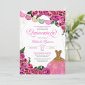 Rustic Pink Rose Glitter Gown Fiesta Quinceañer In Invitation (Standing Front)