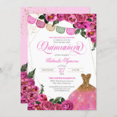 Rustic Pink Rose Glitter Gown Fiesta Quinceañer In Invitation (Front/Back)