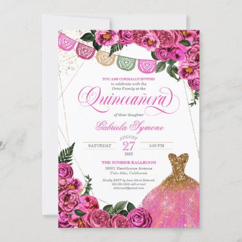 Rustic Pink Rose Glitter Gown Fiesta Quinceaer In Invitation