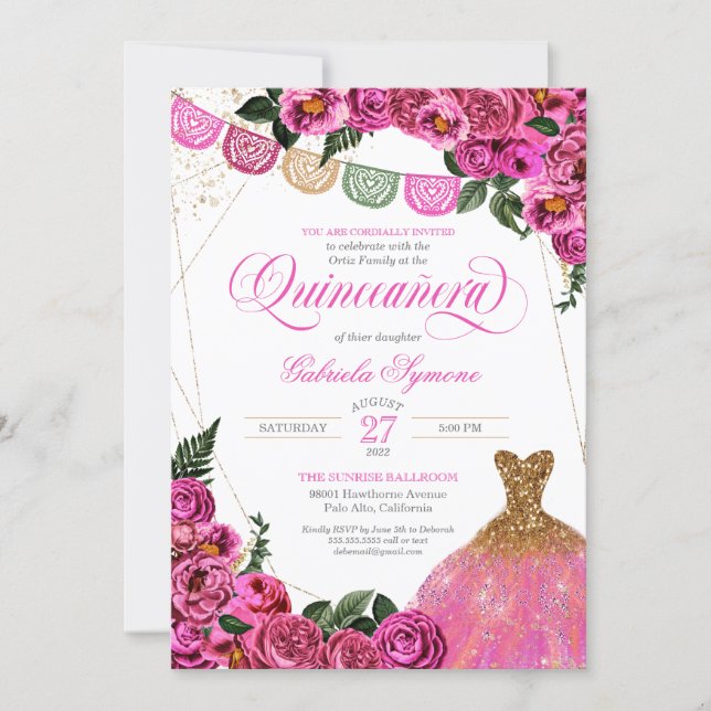 Rustic Pink Rose Glitter Gown Fiesta Quinceañer In Invitation (Front)