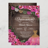 Rustic Pink Rose Glitter Gown Fiesta Quinceañer Invitation (Front/Back)