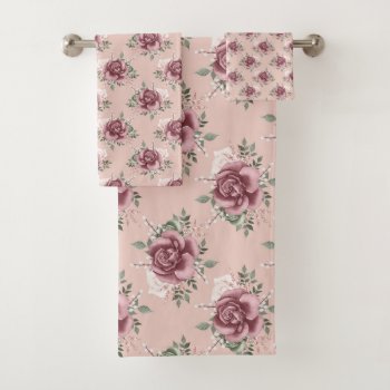 Rustic Pink Rose Gold Green Bohemian Floral Bath Towel Set by kicksdesign at Zazzle