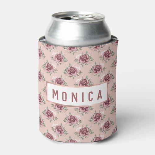 Rustic pink rose gold green bohemian floral can co can cooler