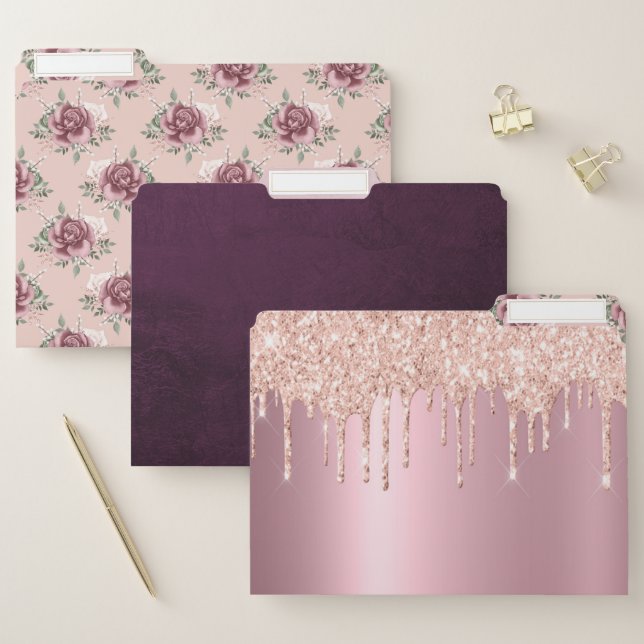 Rustic pink rose gold green bohemian floral file folder (Set)