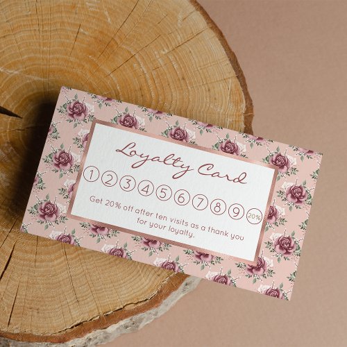 Rustic pink rose gold green bohemian floral loyalty card