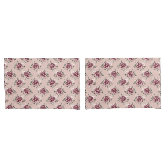 Rustic pink rose gold green bohemian floral pillow case (Front-Set)