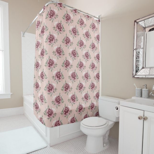 Rustic pink rose gold green bohemian floral shower curtain (In Situ)