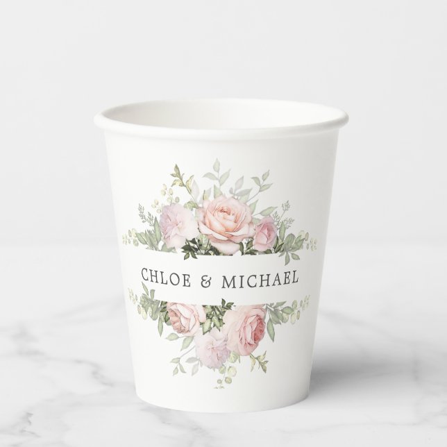 Rustic Pink Rose Personalized Wedding Paper Cups (Front)