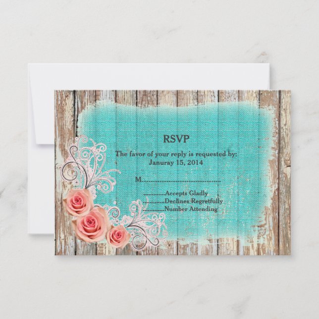 Rustic Pink Rose Turquoise Burlap RSVP rpr1 (Front)