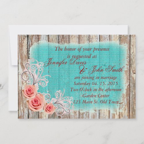 Rustic Pink Rose Turquoise Burlap Wedding Invite