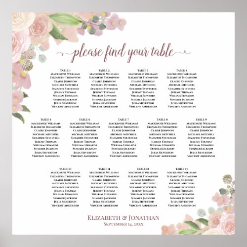 Rustic Pink Roses 13 Table Wedding Seating Chart
