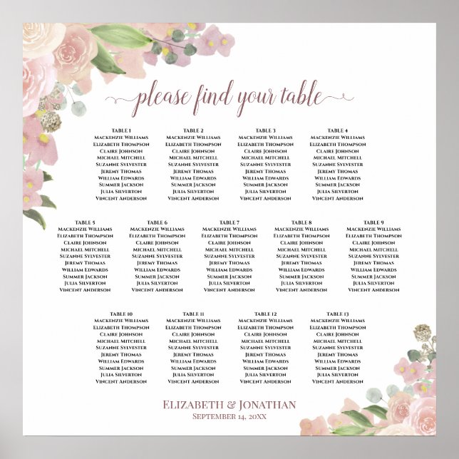 Rustic Pink Roses 13 Table Wedding Seating Chart (Front)