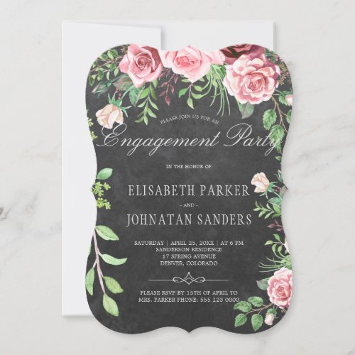 Rustic Pink Roses Chalkboard Engagement Party Invitation