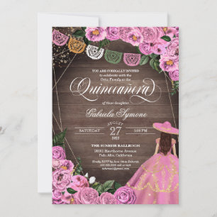 Rustic Pink Roses Charro Quince Dress Quinceañera Invitation
