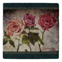 Rustic Pink Roses Cottagecore Green Stone Trivet