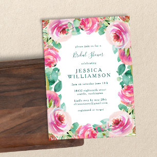 Rustic Pink Roses Floral Watercolor Bridal Shower Invitation