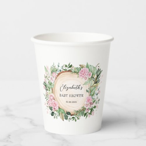 Rustic Pink Roses Greenery Baby Girl Shower Favors Paper Cups
