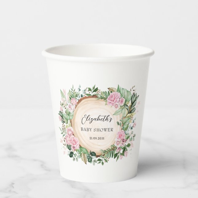 Rustic Pink Roses Greenery Baby Girl Shower Favors Paper Cups (Front)