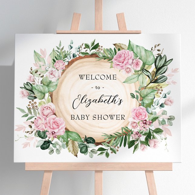 Rustic Pink Roses Greenery Baby Shower Welcome Poster (Creator Uploaded)