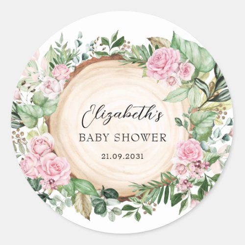 Rustic Pink Roses Greenery Garden Baby Girl Shower Classic Round Sticker