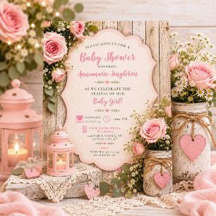 Rustic Pink Roses Mason Jar Lantern Lace   Invitation