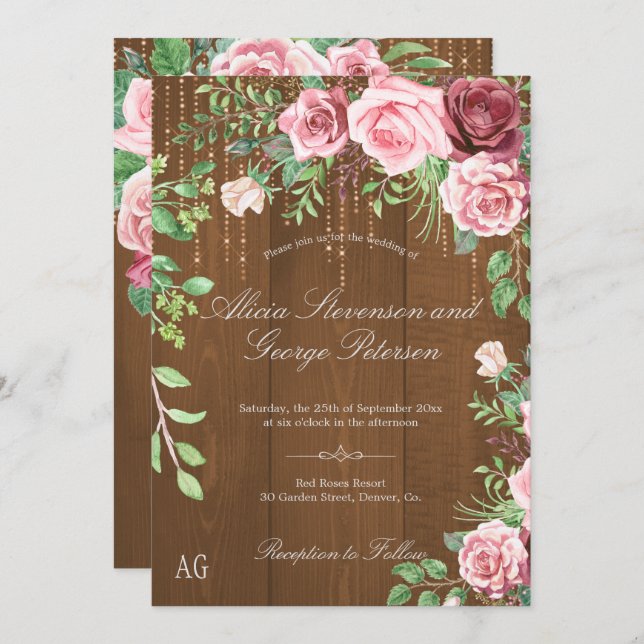 Rustic Pink Roses Monogram Barn Wood Wedding Invitation (Front/Back)