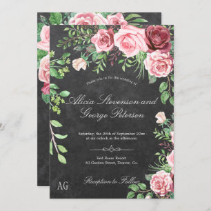 Rustic Pink Roses Monogram Chalkboard Wedding Invitation