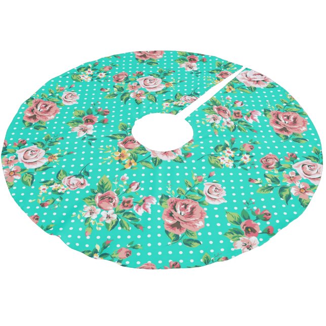 Rustic Pink Roses Polkadot Pattern Turquoise Back Brushed Polyester Tree Skirt (Angled)
