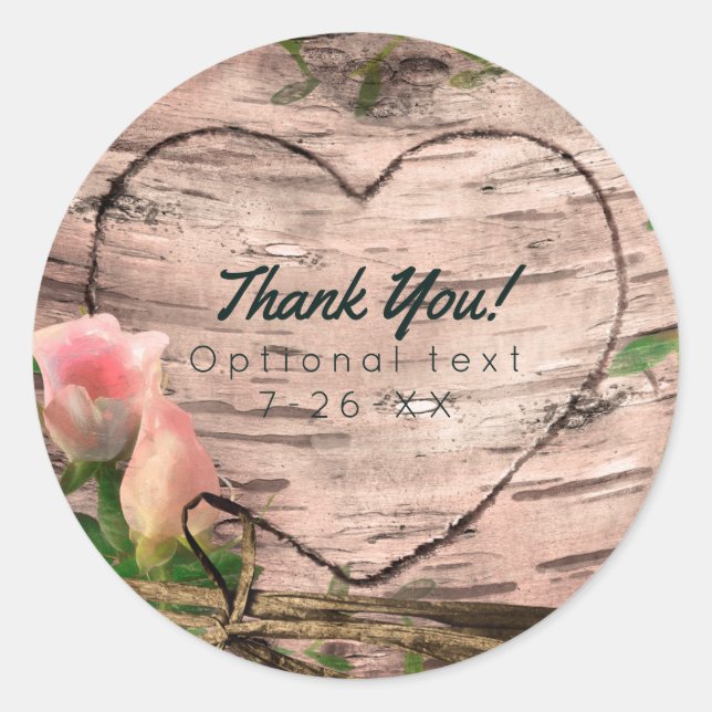 Rustic Pink Roses & Vines White Birch Custom Favor Classic Round Sticker (Front)