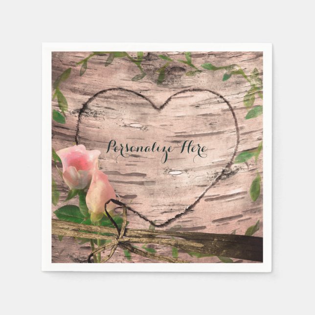 Rustic Pink Roses & Vines White Birch Custom Party Napkins (Front)