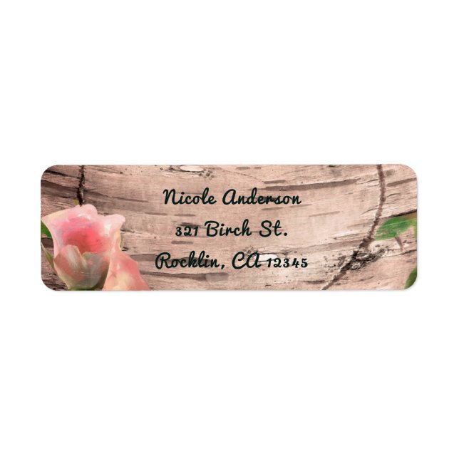 Rustic Pink Roses & Vines White Birch Invitation Label (Front)