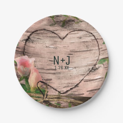 Rustic Pink Roses  Vines White Birch Reception Paper Plates