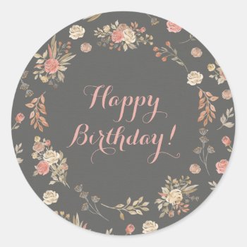 Rustic Pink Roses Watercolor Happy Birthday Classic Round Sticker by melanileestyle at Zazzle