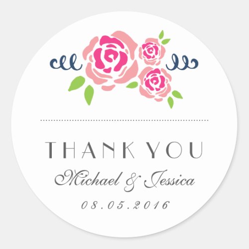 Rustic Pink Roses Wedding Thank You Sticker