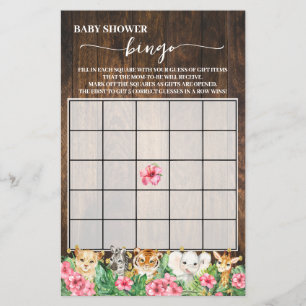 Rustic Pink Safari Animals Shower Bingo Game Card Flyer