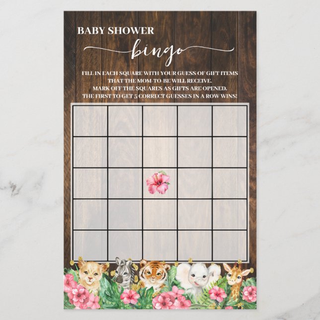 Rustic Pink Safari Animals Shower Bingo Game Card Flyer (Front)