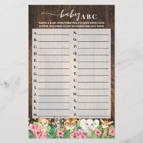 Rustic Pink Safari Baby ABC Baby Shower Game Card