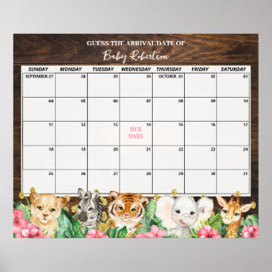 Rustic Pink Safari Baby Guess Due Date Calendar Poster