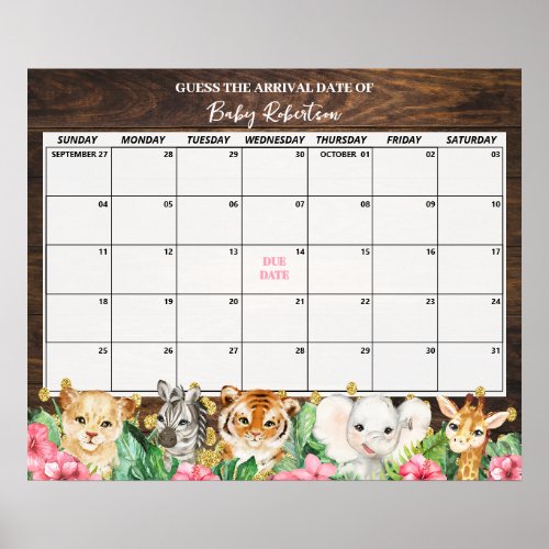 Rustic Pink Safari Baby Guess Due Date Calendar